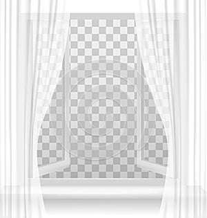 Open window with curtains on a transparent background.