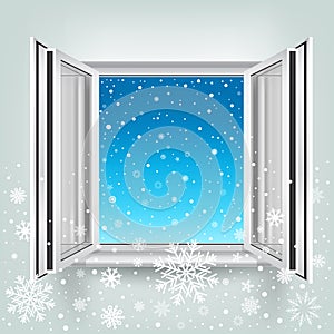 Open window and falling snow