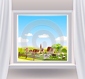 Open window interior home with a rural landscape view nature. Country spring summer landscape from view the window of