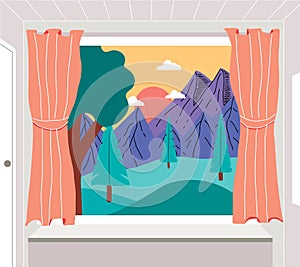 Open window with a landscape view. Mountain peaks and trees. Nature background. Vector illustration flat design