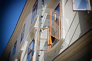 Open window in old building, Bratislava, Slovakia. Vignette