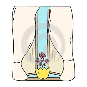 Open window. Pot with flower on windowsill. Vector doodle