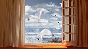 Open window with sea view and flying seagulls, no people
