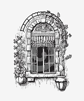 Open window sketch. Vintage vector illustration