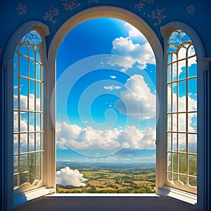 Open window with sky and clouds outside