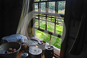 Open Window on a Summer Day with Antique Crocks and Bowls