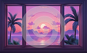 Open window with tropical landscape and ocean in vaporwave style. Purple sundown in 90s style room, vacation calmness