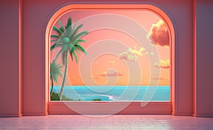 Open window with tropical landscape and ocean in y2k or vaporwave style. Pink sunrise in 90s style room, vacation