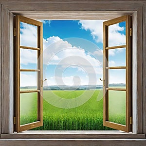 an open window with a view of a field and