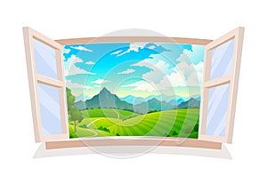 Open window. View from wooden window on landscape, sunny day scene, hill field and mountain, land and cloudy sky, wild