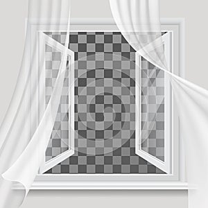 Open window and waving transparent curtain