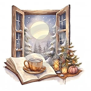 open window with a winter view illustration, isolated on a white background, brings the cozy charm of a snowy landscape indoors