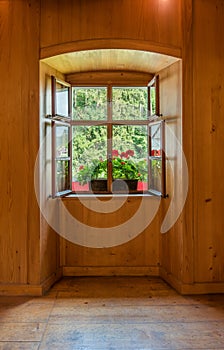 Open Window in Wooden Room Interior