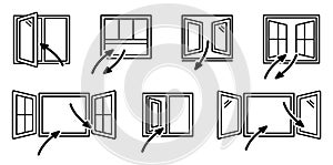 Open windows and air exchange. Set of vector window line art