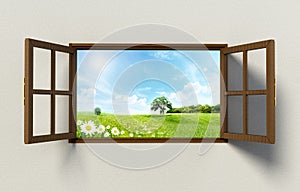 Open windows with a nice green field view. 3D illustration