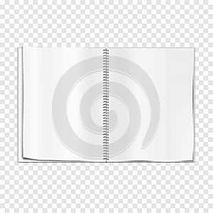 Open wire bound notebook realistic vector mockup. Metal spiral notepad spread template. White blank diary mock-up