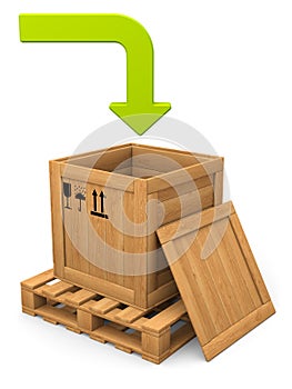 Open wooden box and green bent arrow. Download concept.