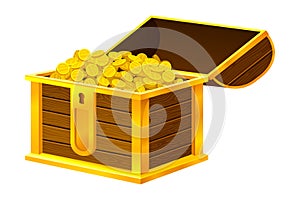 Open Wooden Chest Full with Gold Coins Vector Illustration