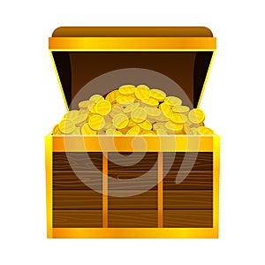 Open Wooden Chest Full with Gold Coins Vector Illustration