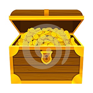 Open Wooden Chest Full with Gold Coins Vector Illustration