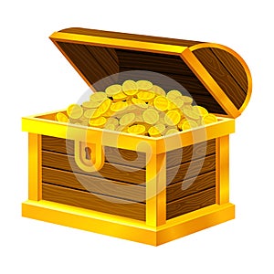 Open Wooden Chest Full with Gold Coins Vector Illustration