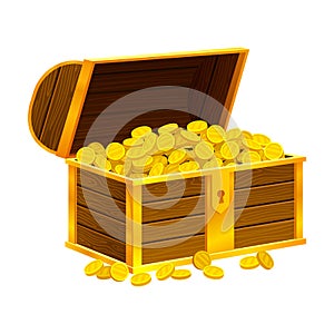 Open Wooden Chest Full with Gold Coins Vector Illustration