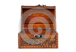 Open wooden chest on white background