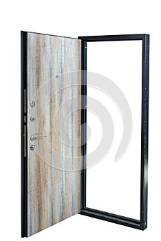 Open wooden door isolated at white background. Image of a open door. Entrance to apartment. Wood veneer front door for office, wit