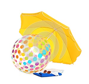 Open yellow beach umbrella, inflatable ball, towels and sunglasses on white background