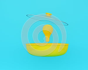 Open yellow cooking pot with yellow light bulbs floating on blue color background. minimal business concept and food idea. An idea