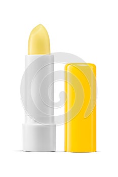 Open yellow lip balm isolated on white. Colorless protective lipstick