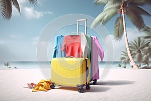 Open yellow suitcase on wheels for tourism, travel on the beach with palm trees. AI generated.