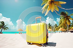 Open yellow suitcase on wheels for tourism, travel on the beach with palm trees. AI generated.