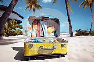 Open yellow suitcase on wheels for tourism, travel on the beach with palm trees. AI generated.