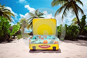 Open yellow suitcase on wheels for tourism, travel on the beach with palm trees. AI generated.