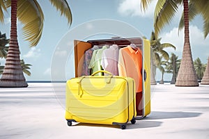 Open yellow suitcase on wheels for tourism, travel on the beach with palm trees. AI generated.