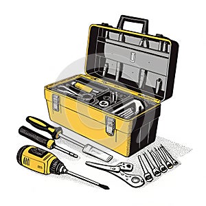 Open yellow toolbox filled with various tools on white background black