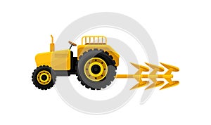 Open yellow tractor with plow. Industrial farm equipment. Professional agricultural machinery for field work. Flat