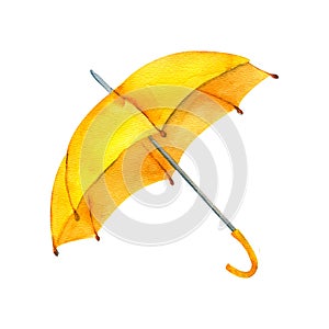 Open yellow umbrella isolated on white background. Watercolor.