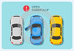 Open your car`s door carefully. Top view of cars on parking. Blue sedan car with opened front door.