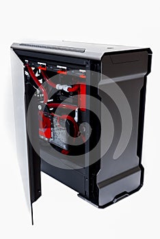 Open your computer with a cooling system, processor, video card, card fan, and game console