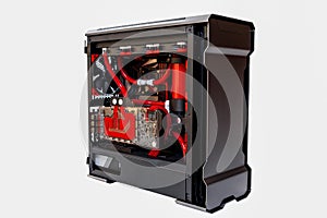 Open your computer with a cooling system, processor, video card, card fan, and game console