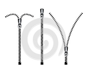 Open zipper teeth metal fastener isolated illustration. Unzip sewing black lock plastic zip buckle