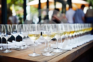 openair white wine bar, rows of glasses ready to serve