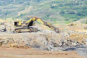 Opencast mine excavator and railway, construction site