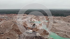Opencast mining quarry with machinery excavator, drone shot. Large sand quarry, sand extraction for construction industry. Quarry