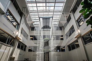 openceiling office atrium with a central rain curtain feature