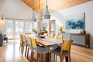 openconcept dining area in saltbox home with modern furniture