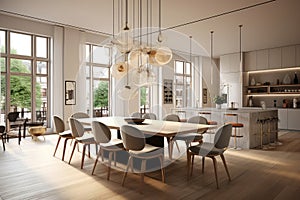 Openconcept Dining Area With Statement Chandelier And Modern Chairs Contemporary Interior Design. Generative AI