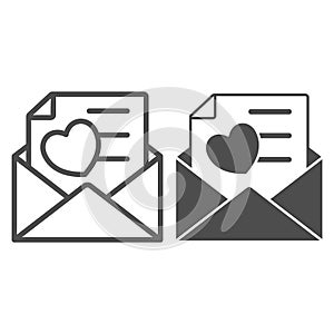 Opend envelope, love letter with heart line and solid icon, dating concept, romantic message vector sign on white